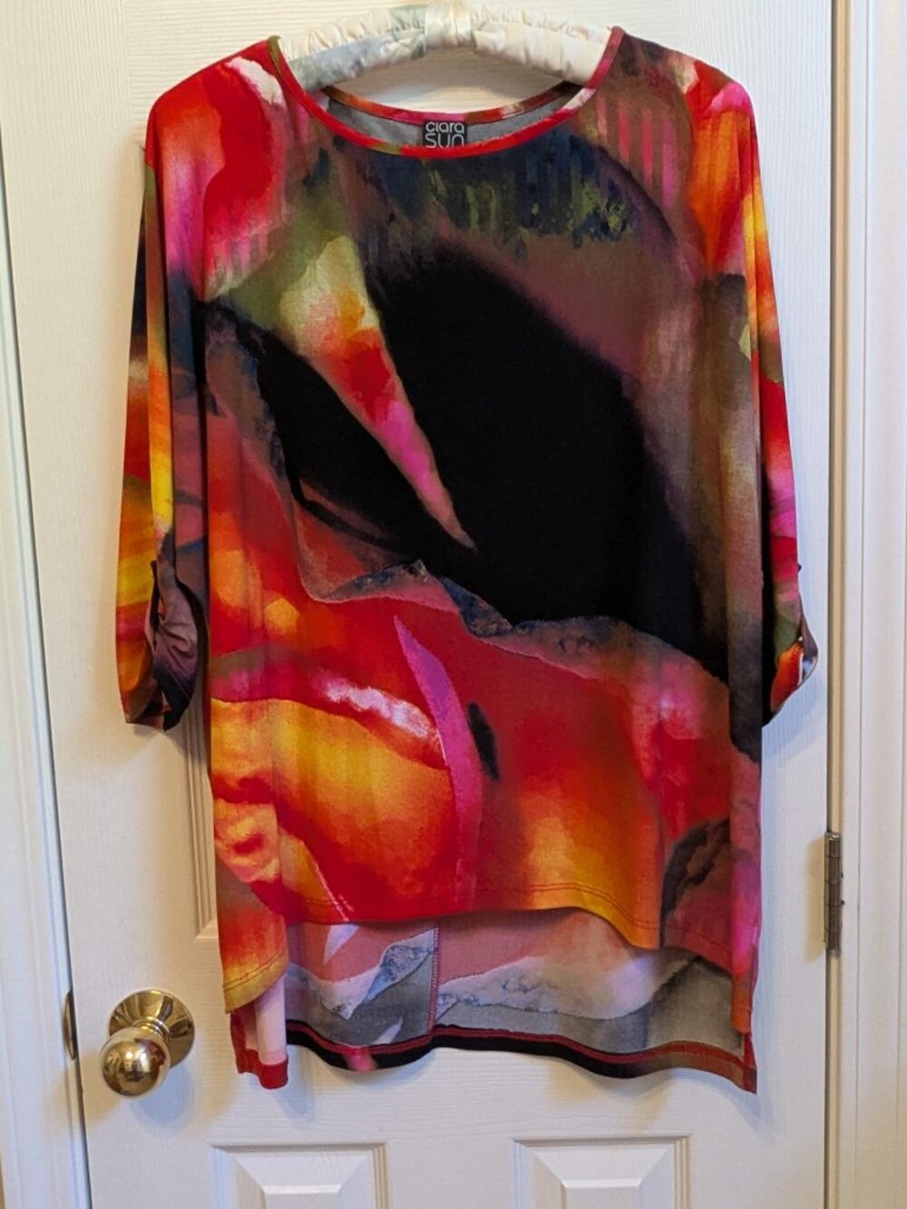 Clara Sunwoo Abstract Watercolor Tunic Top High Low Red Orange Black L